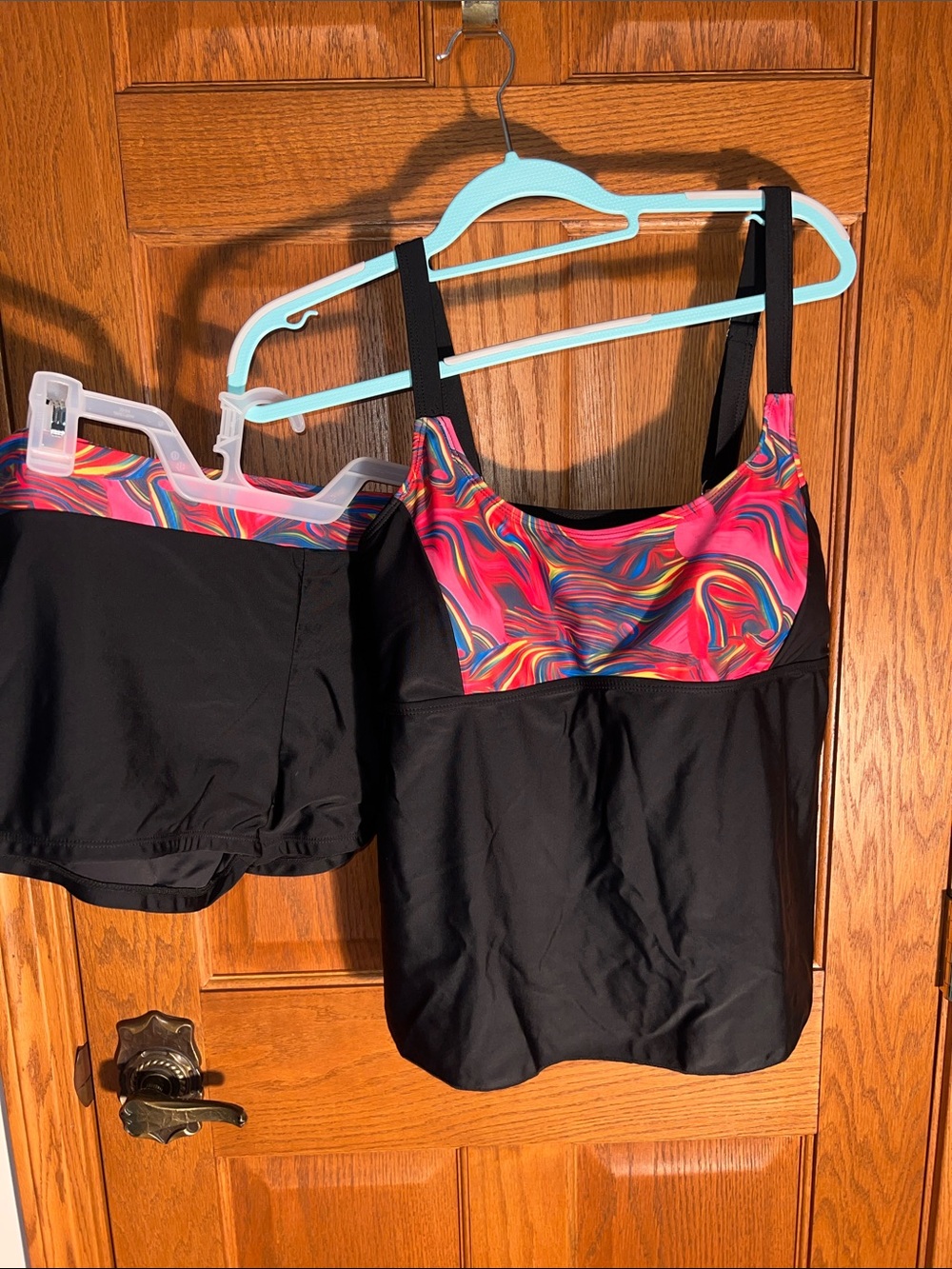 Black Tankini Top swimsuit with Pink Multicolor Swirl Accent